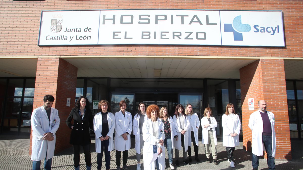 Los ex delegados de CSIF en el Hospital El Bierzo, ante la puerta principal del centro sanitario.