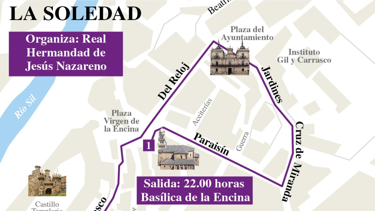 Recorrido de la Procesión de la Soledad, el Sábado Santo en Ponferrada.