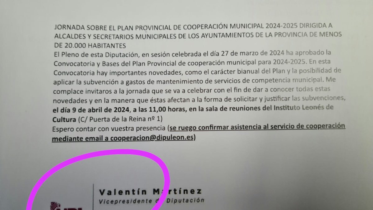 El logo de UPL en las cartas a los alcaldes para informar del Plan Provincial de Cooperación.