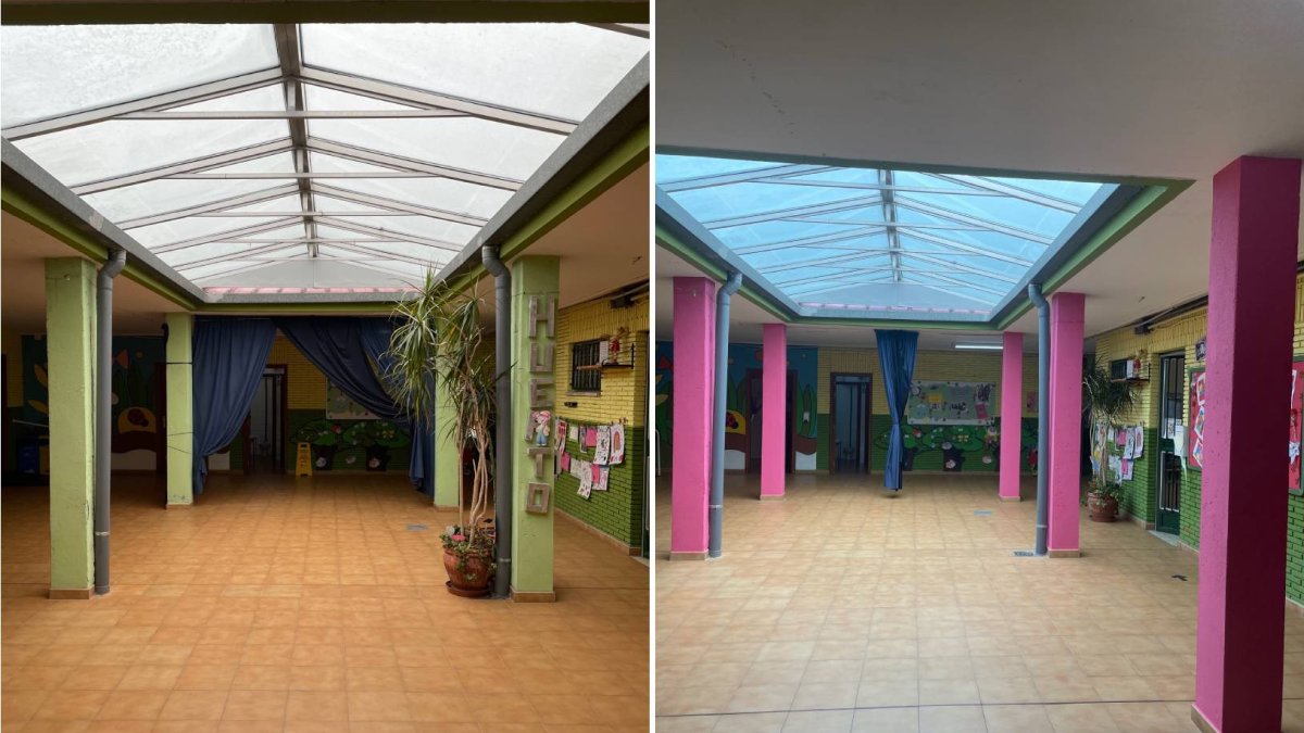 Trabajos de pintura, antes y después, en el CEIP Virgen del Carmen de La Placa.