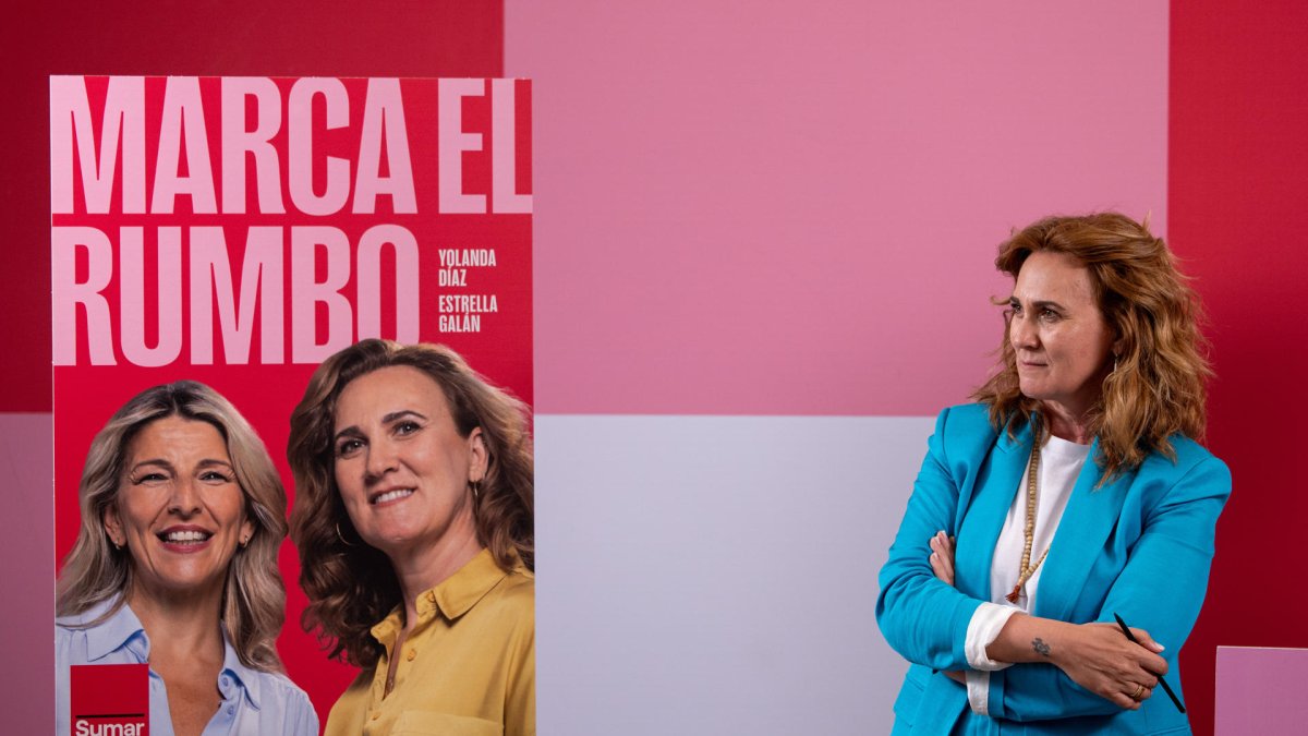 Estrella Galán, candidata de Sumar a las elecciones europeas del 9J , presenta las líneas de campaña de su partido para los citados comicios, este lunes en Madrid. EFE/ Daniel González