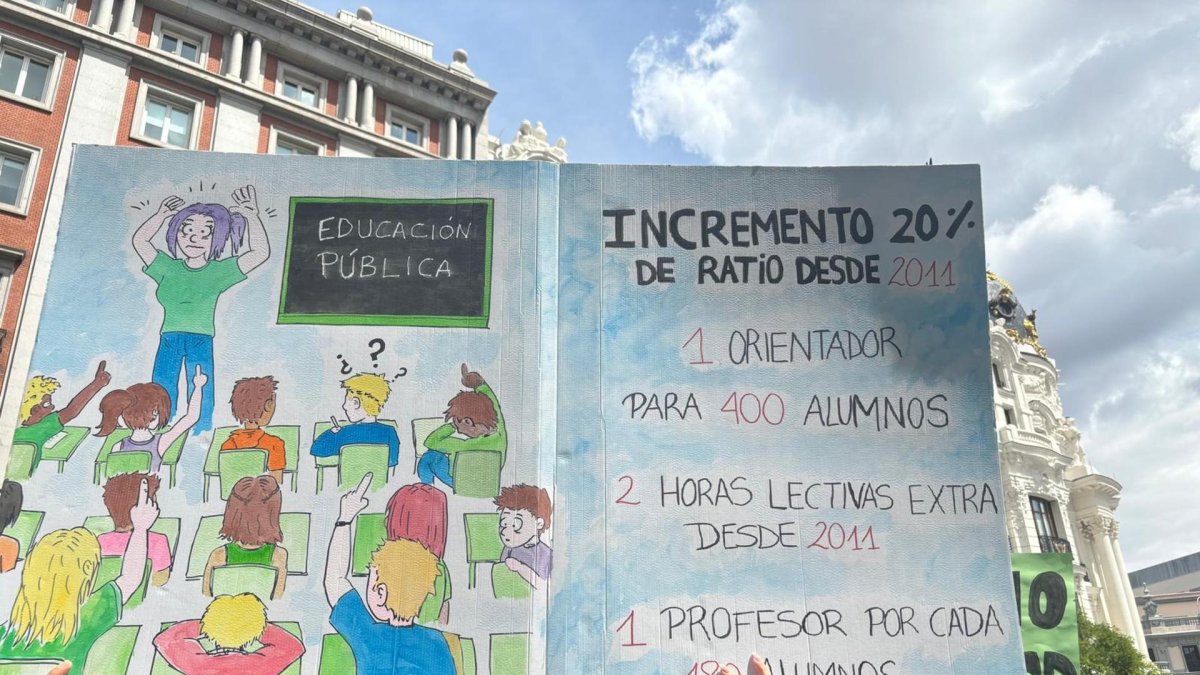 Imagen de una pancarta durante una concentración de la enseñanza pública hoy en Madrid. EFE/Celia León 
                      *Foto cedida*