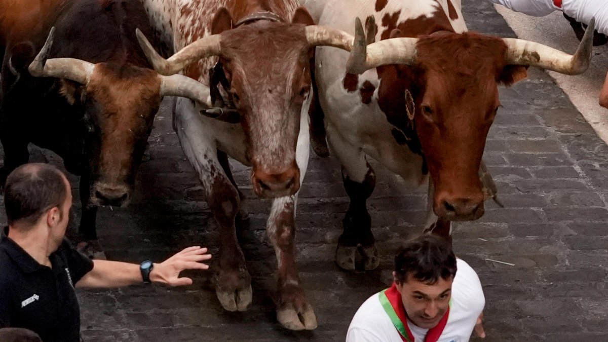 Los toros de la ganadería de Fuente Ymbro a su paso por la Cuesta de Santo Domingo en el cuarto encierro de los Sanfermines este miércoles en Pamplona. EFE/Sergio Martín