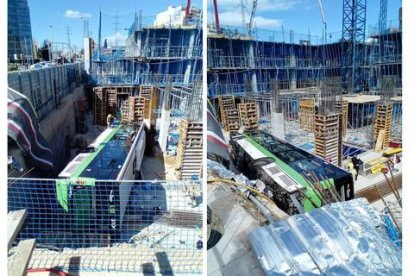 Combo de imágenes que muestra el accidente en el que catorce pasajeros de un autobús urbano de la línea L10 han resultado heridos, uno de ellos en estado crítico, tras precipitarse el vehículo por el agujero de las obras de un aparcamiento en la avenida Sant Ildefons de Esplugues de Llobregat (Barcelona), en la frontera con Cornellà de Llobregat. EFE/Bombers Catalunya SÓLO USO EDITORIAL - SOLO USO PERMITIDO PARA ILUSTRAR LA NOTICIA QUE APARECE EN EL PIE DE FOTO - CRÉDITO OBLIGATORIO