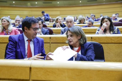 La vicepresidenta tercera del Gobierno, Teresa Ribera (d), junto al ministro para la Transformación Digital y de la Función Pública, Óscar López (i), comparece este miércoles, en el Senado para ofrecer sus explicaciones sobre la gestión de las inundaciones producidas por la dana del 29 de octubre. EFE/ Zipi Aragón