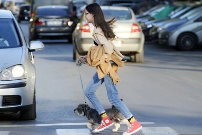 Una adolescente cruza con un paso de cebra con su perro