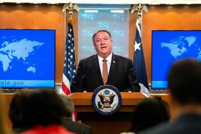 El secretario de Estado de EEUU, Mike Pompeo, durante la rueda de prensa en la que ha anunciado el veto al personal del Tribunal Penal Internacional.