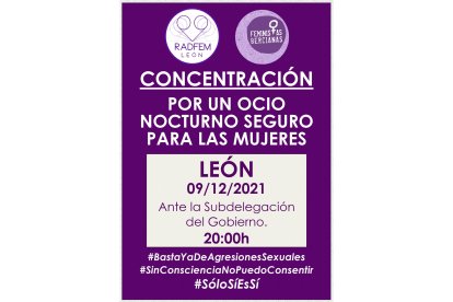 Cartel de la convocatoria de esta tarde en León para pedir un ocio nocturno seguro para las mujeres. DL