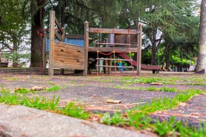 El caucho del parque de Papalaguinda está levantado, las hierbas crecen sin control y hay colillas sobre el césped. DL