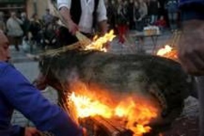 Matanza del cerdo en la festividad de San Martín durante una celebración en el Barrio Húmedo de León