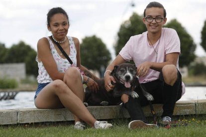 Carlos Herranz y su perro Golfo disfrutan de una tarde de paseo junto a otra voluntaria de la protectora, Melani Alcalde Francisco. JESÚS F. SALVADORES