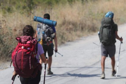 Imagen de peregrinos tomada ayer sábado a su paso por el Bierzo de camino hacia santiago. ANA F. BARREDO