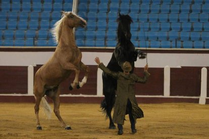 Un momento de la actuación ayer de Santí Serra en la plaza de toros con dos de sus caballos.