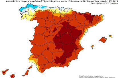 Mapa con las temperaturas máximas que habrá en toda España hasta el viernes.