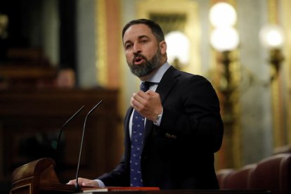 El presidente de Vox, Santiago Abascal, durante su intervención de ayer en Congreso de los Diputados. JUAN CARLOS HIDALGO