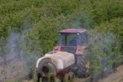 La imagen muestra a un agricultor tratando una plantación de frutales