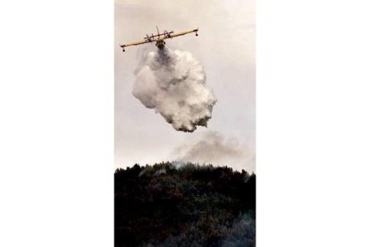 Un hidroavión arroja agua sobre el incendio.