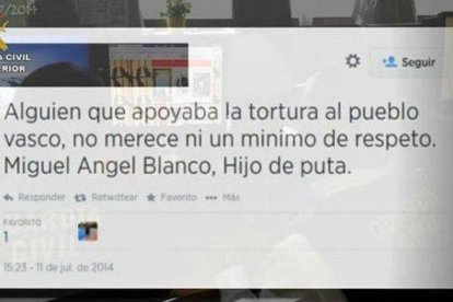 Uno de los mensajes escritos en Twitter por los detenidos en la operación Araña.