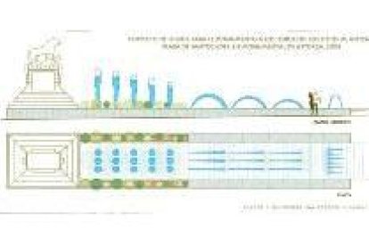La imagen muestra el alzado noroeste (arriba) y la planta del proyecto de fuente para la plaza