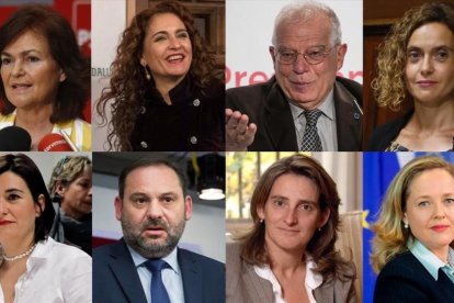 Ocho de los nuevos ministros del Gobierno de Pedro Sánchez. De izquierda a derecha y de arriba a abajo: Carmen Calvo, Josep Borrell, María Jesús Montero, José Luis Ábalos, Meritxell Batet y Teresa Ribera.