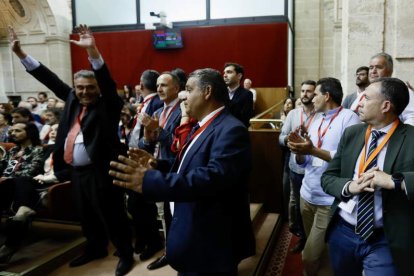 Imagen de la alegría de los regantes andaluces tras la votación. JOSÉ MANUEL VIDAL