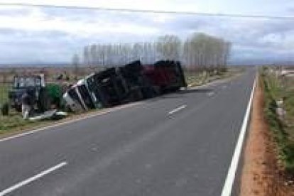 El camión, que cargaba lúpulo, se salió de la calzada tras varios bandazos