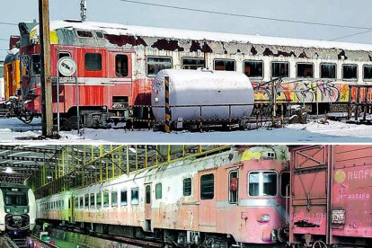 El electrotrén en el interior de los talleres ferroviarios, para su reparación; arriba, aparcado en su vía de vida retirada en León. DL