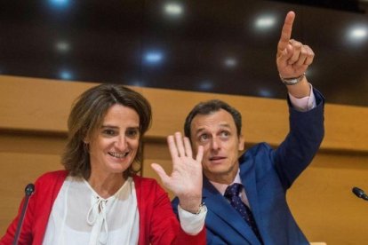 Teresa Ribera y Pedro Duque saludan a Thelma Krug durante la vídeo conferencia que han mantenido con ésta.