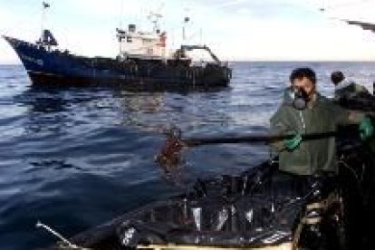 Medio centenar de marineros de San Vicente de la Barquera seguían ayer recogiendo chapapote