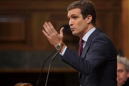 Pablo Casado, este miércoles durante su discurso en la tribuna del Congreso.