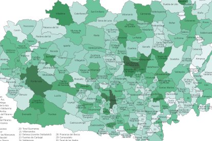 Mapa de la provincia de León que muestra la abstención de cada municipio en las elecciones de 2019. PABLO SANTAMARTA