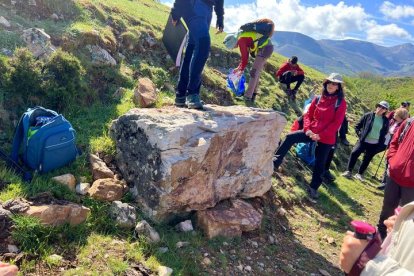 Rodrigo Castaño sobre la piedra más antigua de Babia, una cuarcita de 490 millones de años que está a simple vista, al borde del camino que conduce desde el pueblo de La Riera a la majada de Fonfría, una ruta que permite descubrir el nacimiento de Babia y la formación de la Tierra en apenas cuatro kilómetros, en los que se recorren varias eras. Junto a Castaño, participantes en Geolodía, una jornada divulgativa que  organiza todos los años el Instituto Geológico y Minero de España, Igme. S. VERGARA PEDREIRA