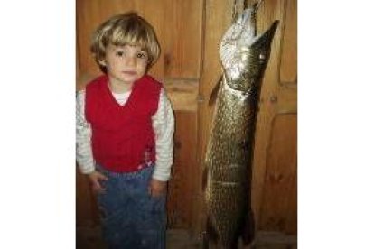 Un niño posa junto a una hembra de lucio recién desovada de 85 cm.