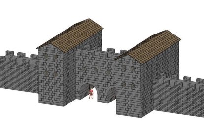 Reconstrucción de la Porta Praetoria (Puerta del Rey en la Edad Media) realizada por Ángel Morillo. Era la más grande del campamento romano. Han aparecido restos en el tramo Cardiles-Platerías. MORILLO