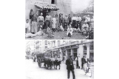 Dos de las fotos que se proyectan hoy, unos esquiladores y, abajo, un carbonero con un carro de vacas por Ordoño II.