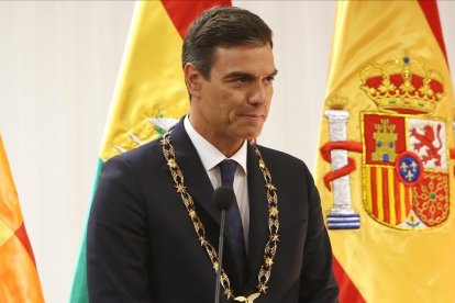 Pedro Sánchez, este miércoles, en rueda de prensa desde Bolivia. /