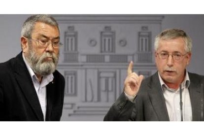 Méndez (UGT) y Toxo (CCOO) durante la rueda de prensa que han ofrecido hoy.