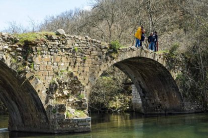 Los responsables del ILC inspeccionando el puente de Serrilla de Torío. DL