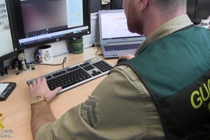 Un agente de la Guardia Civil llevando revisando parte del material incautado. / .