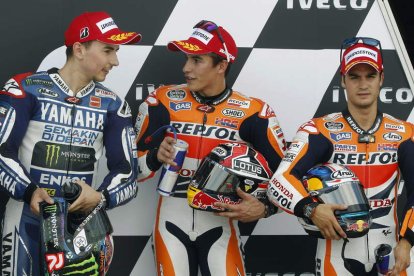 Jorge Lorenzo, Marc Márquez y Dani Pedrosa tras competir en los entrenamientos de Alcañiz.