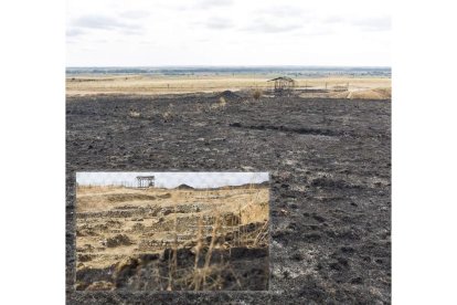 En la foto grande se aprecia la extensión del incendio. En la pequeña se comprueba que los restos han quedado a salvo en medio del paraje calcinado.