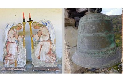 Derecha, ángeles cerferarios de Bouzas y campana de la iglesia de Manzanedo. Abajo, presentación de la revista, armadura de la iglesia de Valdefrancos y Cruz procesional de San Esteban de Valdueza. LDM