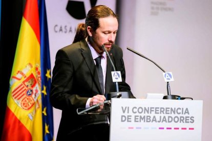 Pablo Iglesias, en la conferencia de embajadores representando al Gobierno. MAEC