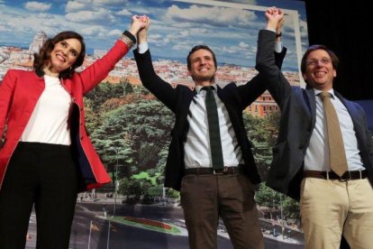 Pablo Casado, durante la presentación de los candidatos del PP a la Comunidad y el Ayuntamiento de Madrid, Isabel Díaz Ayuso y José Luis Martínez-Almeida.