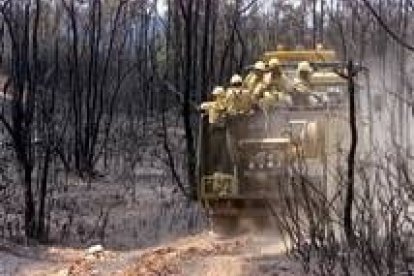 Un grupo de agentes contra incendios intenta sofocar el fuego en Valencia de Alcántara