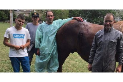 Los veterinarios Isaac Álvarez y Gonzalo Díez, junto a la yegua. DL