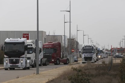 Protesta de un grupo de camioneros en el polígono industrial de Villadangos del Páramo. FERNANDO OTERO