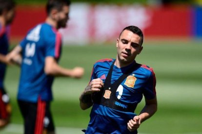 Aspas, en el entrenamiento de la selección española en Krasnodar tras el triunfo sobre Túnez.