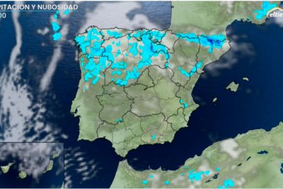 Mapa que refleja las precipitaciones y nubosidad para la jornada. ELTIEMPO.ES