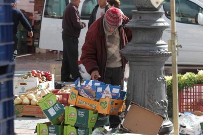 Una persona recoge alimentos tirados en la Plaza Mayor de León. RAMIRO